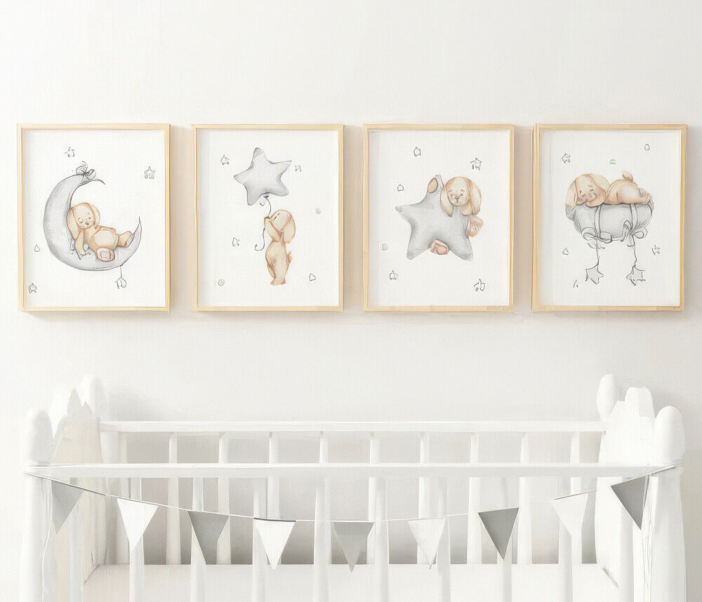 Premium Cute Bunny Nursery Wall Art Full Set A4 Size Posters