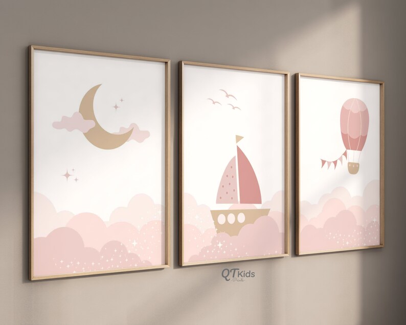Premium Pink Set Of 3 Moon Sailboat Balloon A4 Size Posters