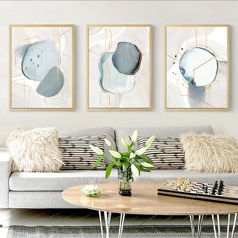 Premium Beige Blue Gold Set of 3 Wall Art A2 Size Posters