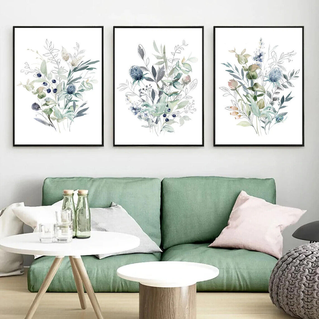 Premium Blue Watercolor Floral Wall Art Set A2 Size Posters