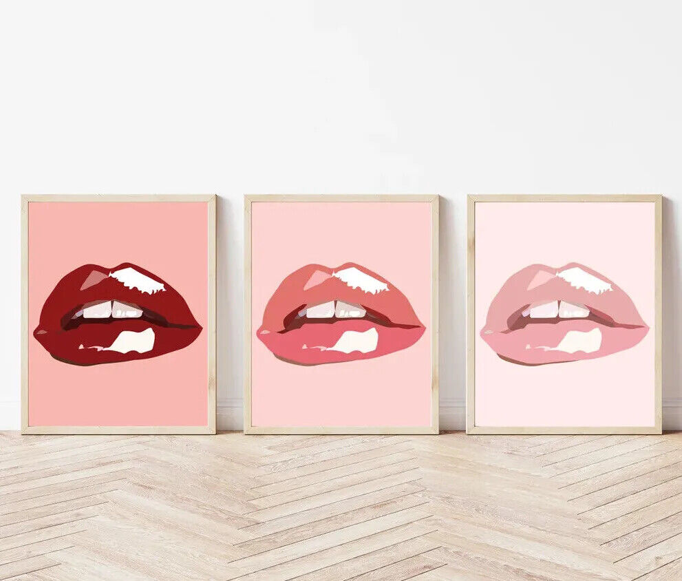 Premium Set Of 3 Pink Lips Fashion Wall Art Blush Pink Red Lips A2 Size Posters