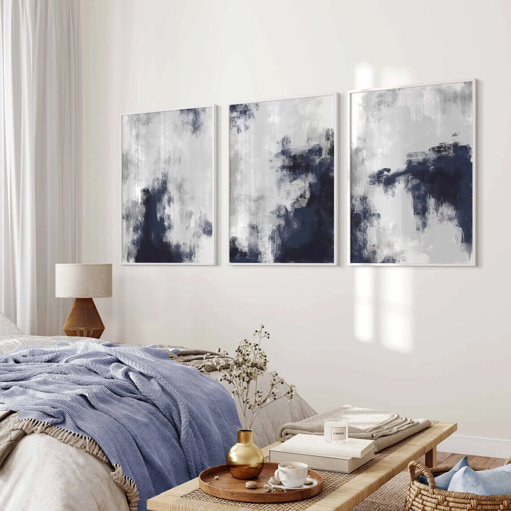 Premium Navy Blue Neutral Abstract Wall Art Set Of 3 A2 Size Posters