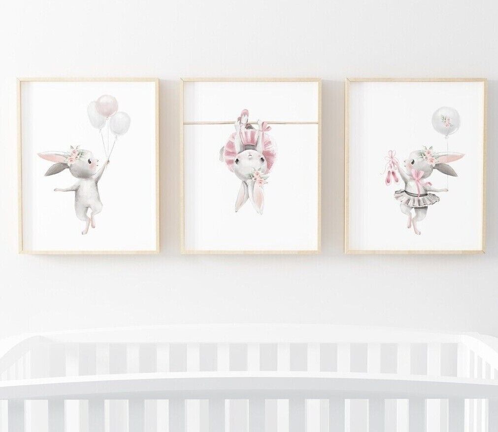 Premium Ballerina Bunny Nursery Wall Art Set A2 Size Posters