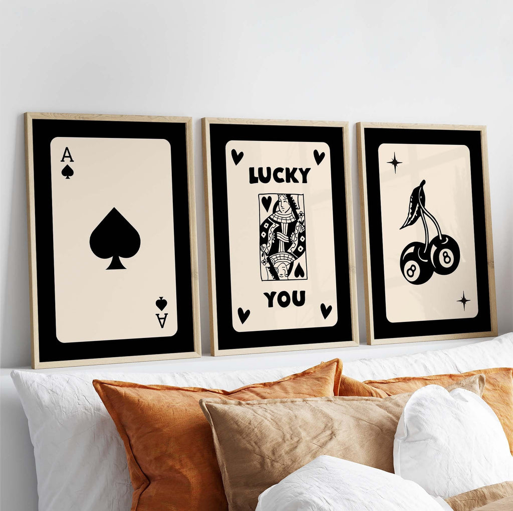 Premium Retro Black Cream Wall Art Set Playing Cards A3 Size Posters