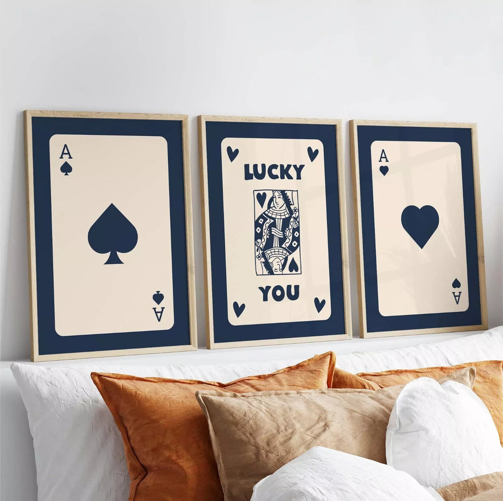 Premium Retro Navy Blue Wall Art Set Playing Cards A3 Size Posters